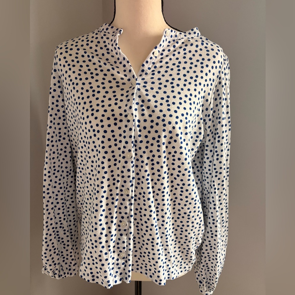 Boden White Top with Blue Polka Dots